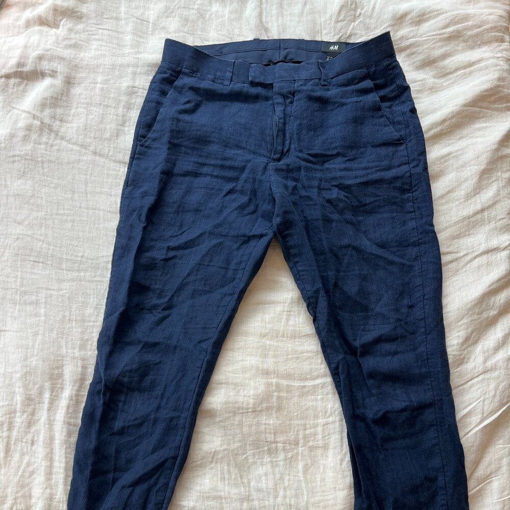 H&Ms Mens Linen Style Casual Pants- Blue, Size: 32R
